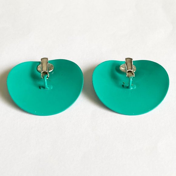 Vintage Aqua Green Enamel Clip On Earrings 70's 80's Pearlized Freeform Modern - Picture 5 of 9